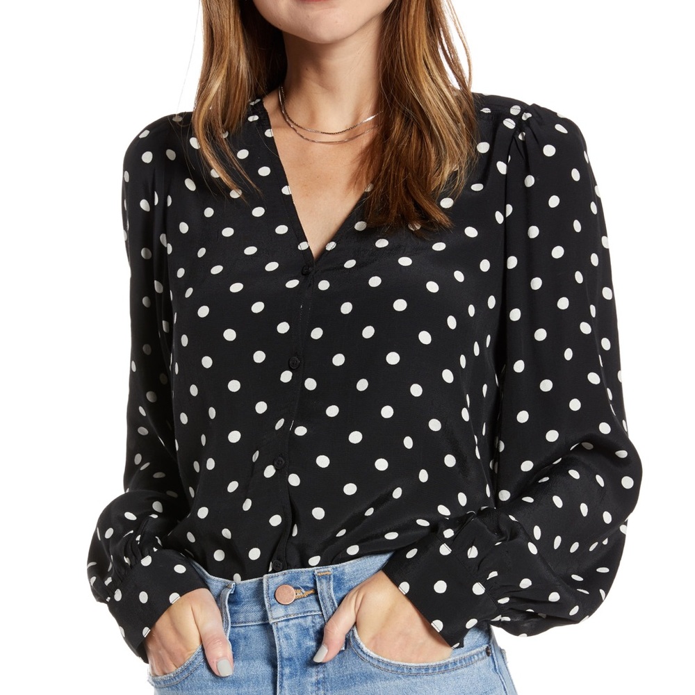 Something Navy Polka Dot Oversized Balloon Sleeve Button Down Size XS - Picture 8 of 8